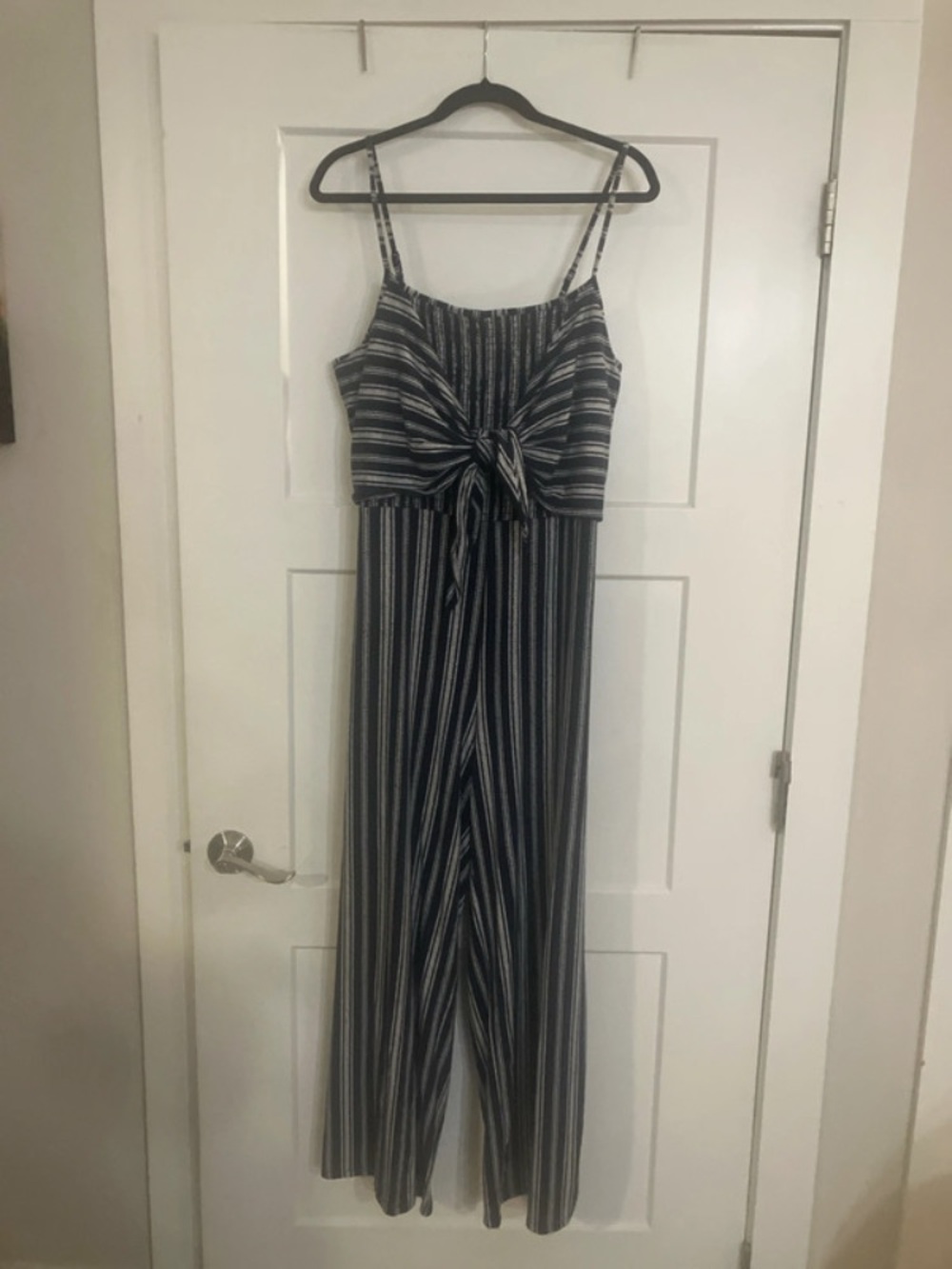 No Boundaries Navy and White Striped Jumpsuit with Front Tie